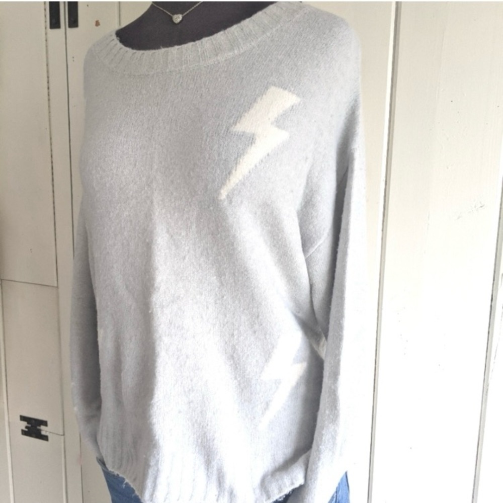 Rails Perci Lightning Bolt Sweater Grey White Cashmere Blend Crew Neck Small - Picture 3 of 9